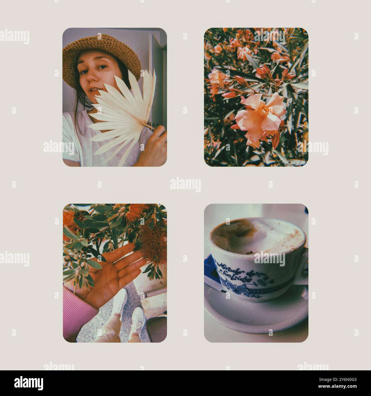 Collage con foto di ricordi delle vacanze estive con il ritratto di una donna in un cappello, fiori rosa, una tazza di caffè con il testo spagnolo "San Isidro". Foto Stock