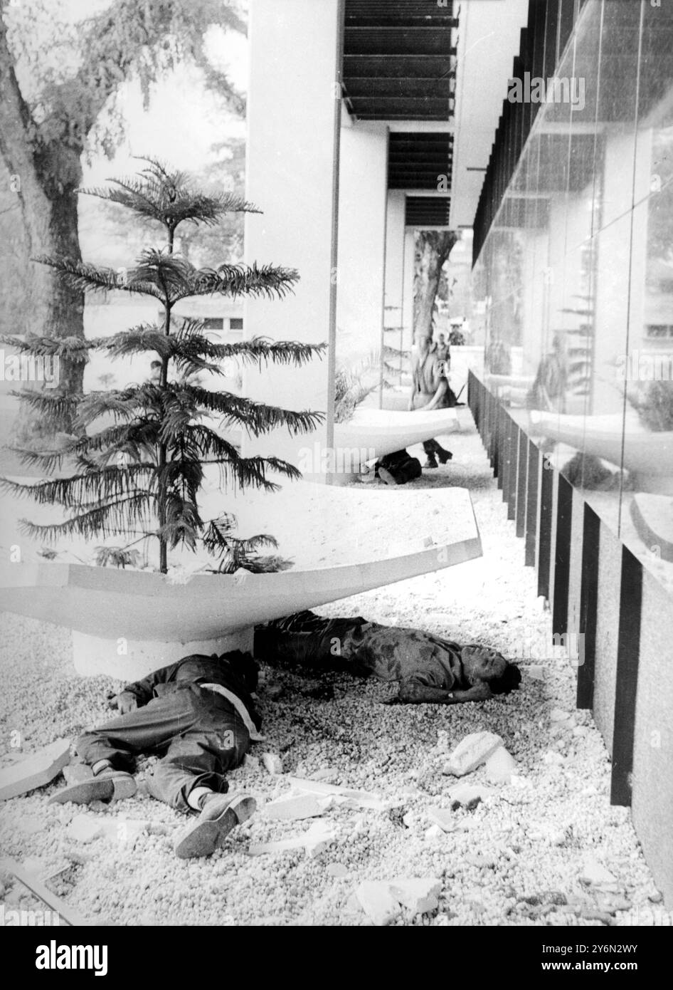 I corpi dei terroristi Viet Cong uccisi si trovano contro un muro dell'ambasciata americana qui durante l'attacco "suicida" all'edificio del 31 gennaio 1968. I nordvietnamiti sbatterono attraverso il complesso e comandarono la posizione per sei ore prima di essere sopraffatti dai paracadutisti dell'esercito americano atterrati da elicotteri. 3 febbraio 1968 Foto Stock