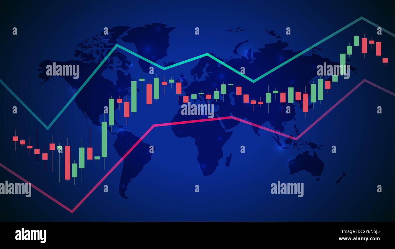 Mercato azionario astratto, visualizzazione infografica. Grafico finanziario con grafici a linee di tendenza e candele. Rete futuristica o analisi aziendale Illustrazione Vettoriale