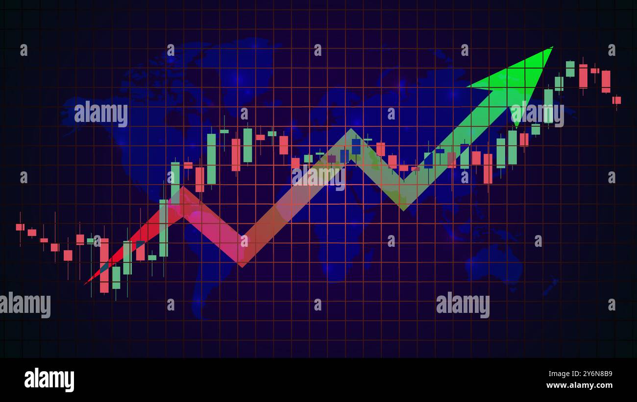 Mercato azionario astratto, visualizzazione infografica. Grafico finanziario con grafici a linee di tendenza e candele. Rete futuristica o analisi aziendale Illustrazione Vettoriale