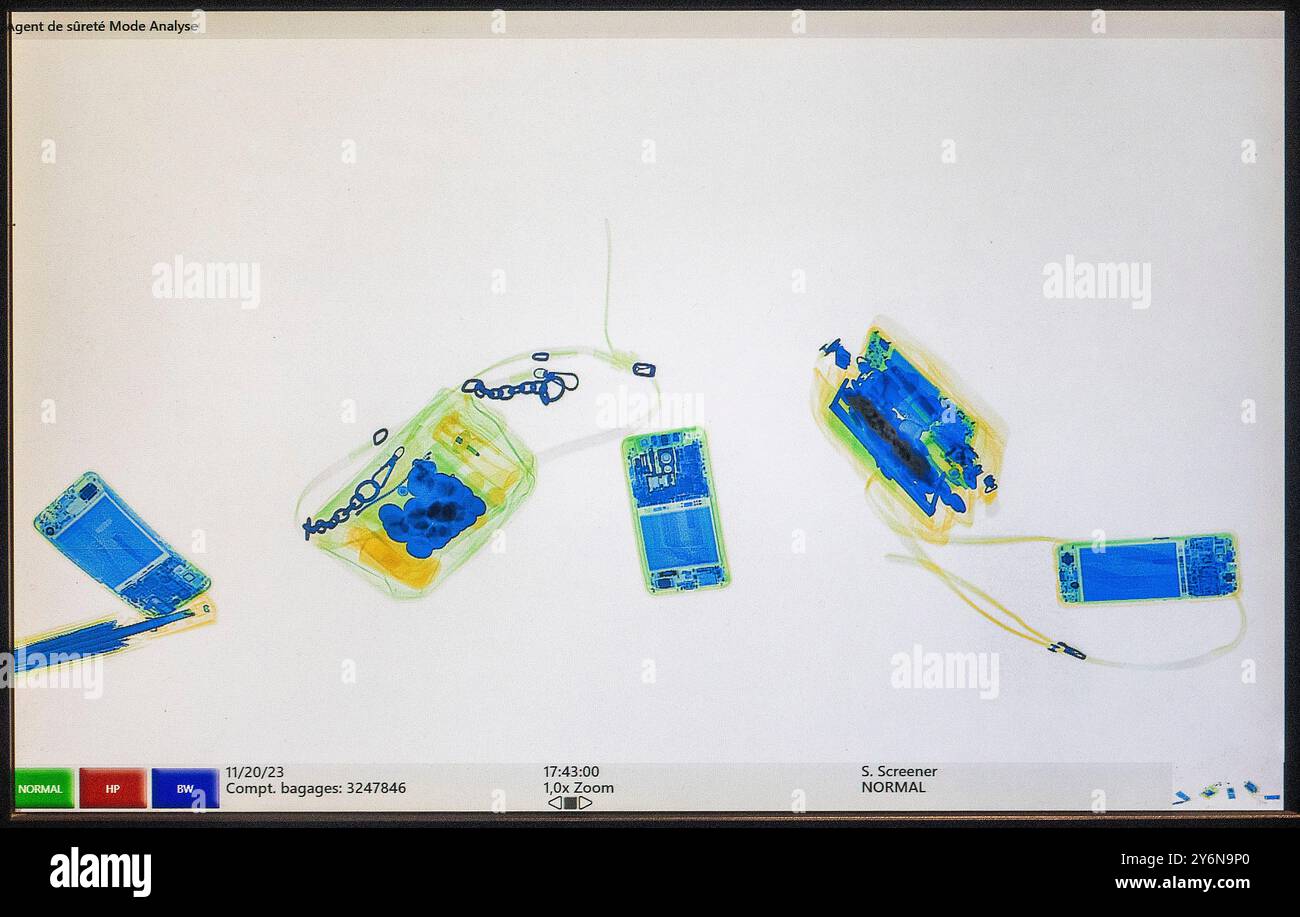 Schermo scanner a raggi X. Controllo bagagli in luoghi pubblici, musei, aeroporti, ecc. Foto Stock