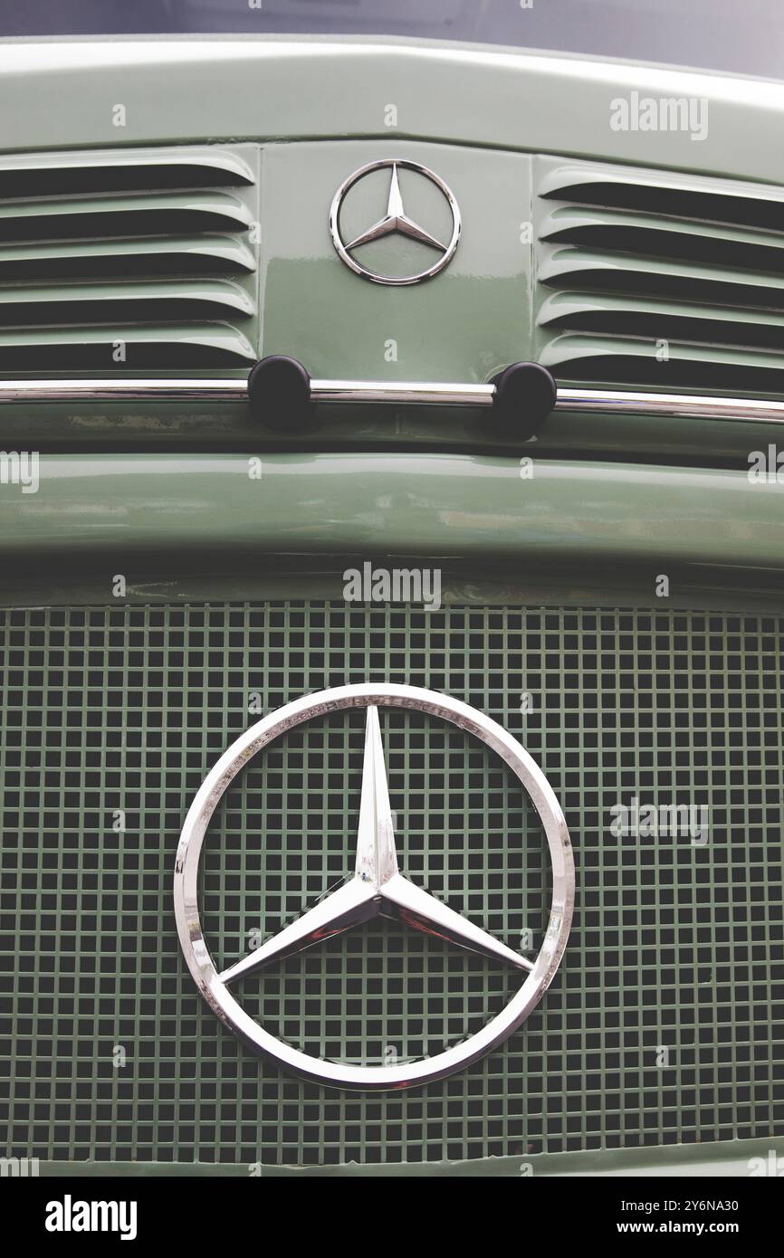 Vecchia griglia per camion, Mercedes verde Foto Stock