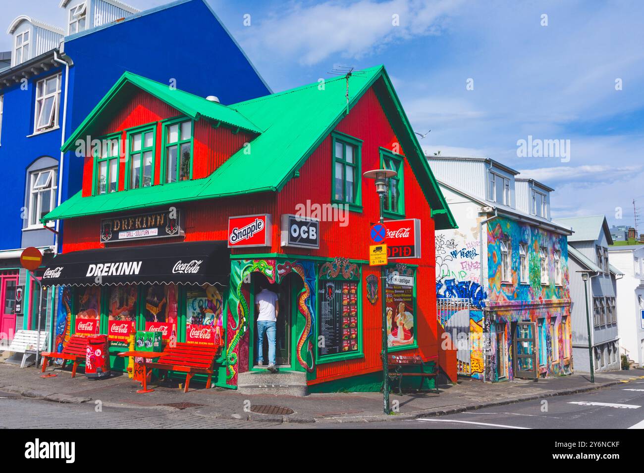 Islanda, Reykjavik. Facciata Drekinn, fast food nel centro della città Foto Stock