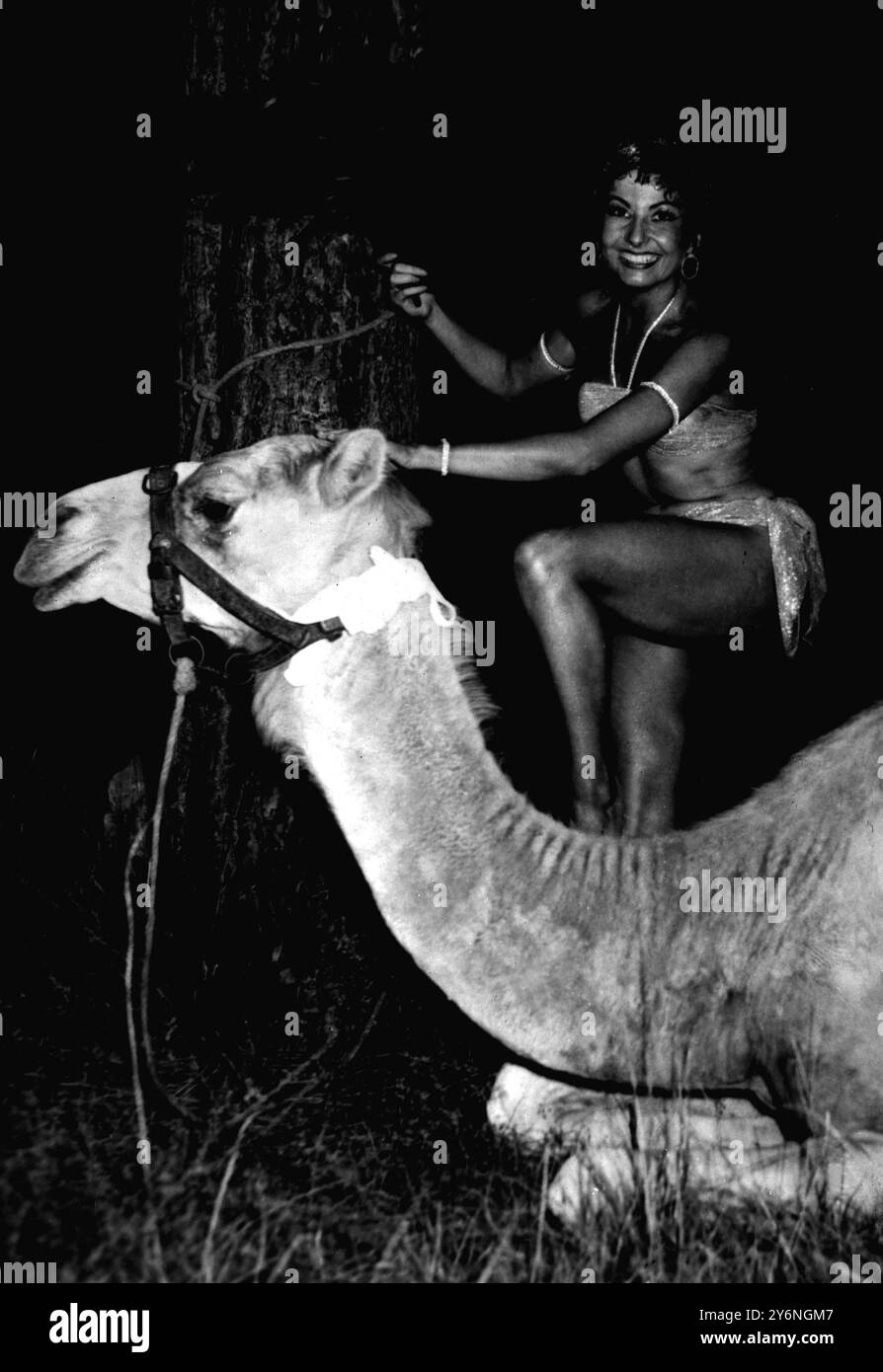 Biarritz Scantily ma affascinante ballerina di balletto Renee 'Zizi' Jeanmarie mentre arriva per la favolosa festa data qui dal Marchese, arrivando in cammello il 4 settembre 1953 Foto Stock