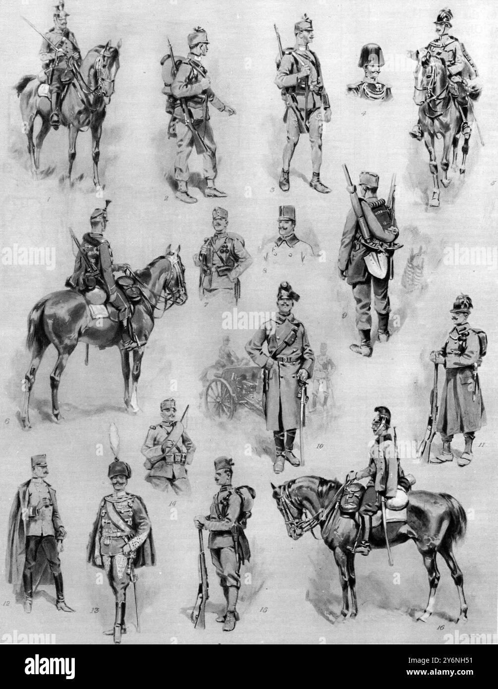 In rapida crescita: L'esercito austro-ungarico - i suoi soldati. 1) Uhlan (sottufficiale) 2. Fanteria (ordine di marcia). 3) Fanteria ungherese (ordine di marcia). 4) Infanty; Bodyguard Company (non-commissioned Officer in Parade Order). 5) fucilieri dalmati a cavallo (ufficiale non commissionato). 6) Hussar. 7) Reggimento ferroviario e telegrafo. 8) Fanteria; Bodyguard Company (ufficiale). 9) Pioneer (ordine di assistenza sul campo). 10) Artiglieria a cavallo (Un autista-pistolero). 11) Rifleman (Rivedi ordine, con un grande cappotto. 12) un ufficiale comandante (uniforme tedesca di servizio sul campo). 13. Un ufficio comandante Foto Stock