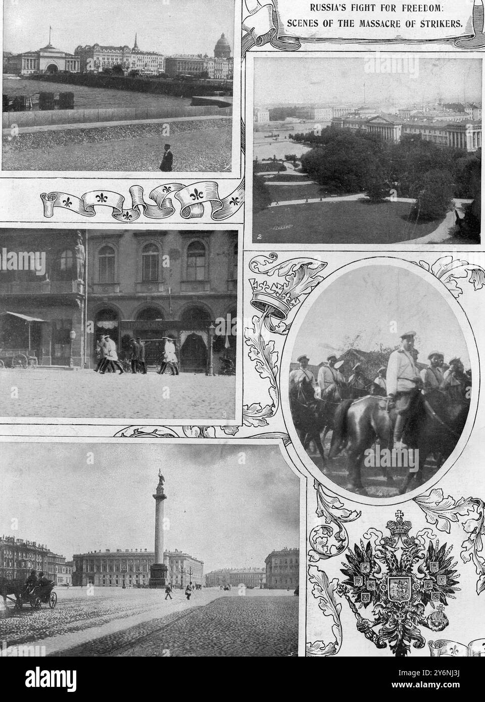 La lotta della Russia per la libertà in alto a sinistra, Palace Bridge, Ammiragliato e Cattedrale di Sant'Isacco dallo scambio. Centro a sinistra, prigionieri politici in arresto in basso a sinistra, incontro degli scioperanti, Piazza del palazzo e colonna Alexander in alto a destra, edificio dell'Ammiragliato, Università e quartiere Vassili Ostroff in basso a destra, macellai di un popolo che lotta per essere libero, cavalleria cosacca San Pietroburgo gennaio 1905 Foto Stock