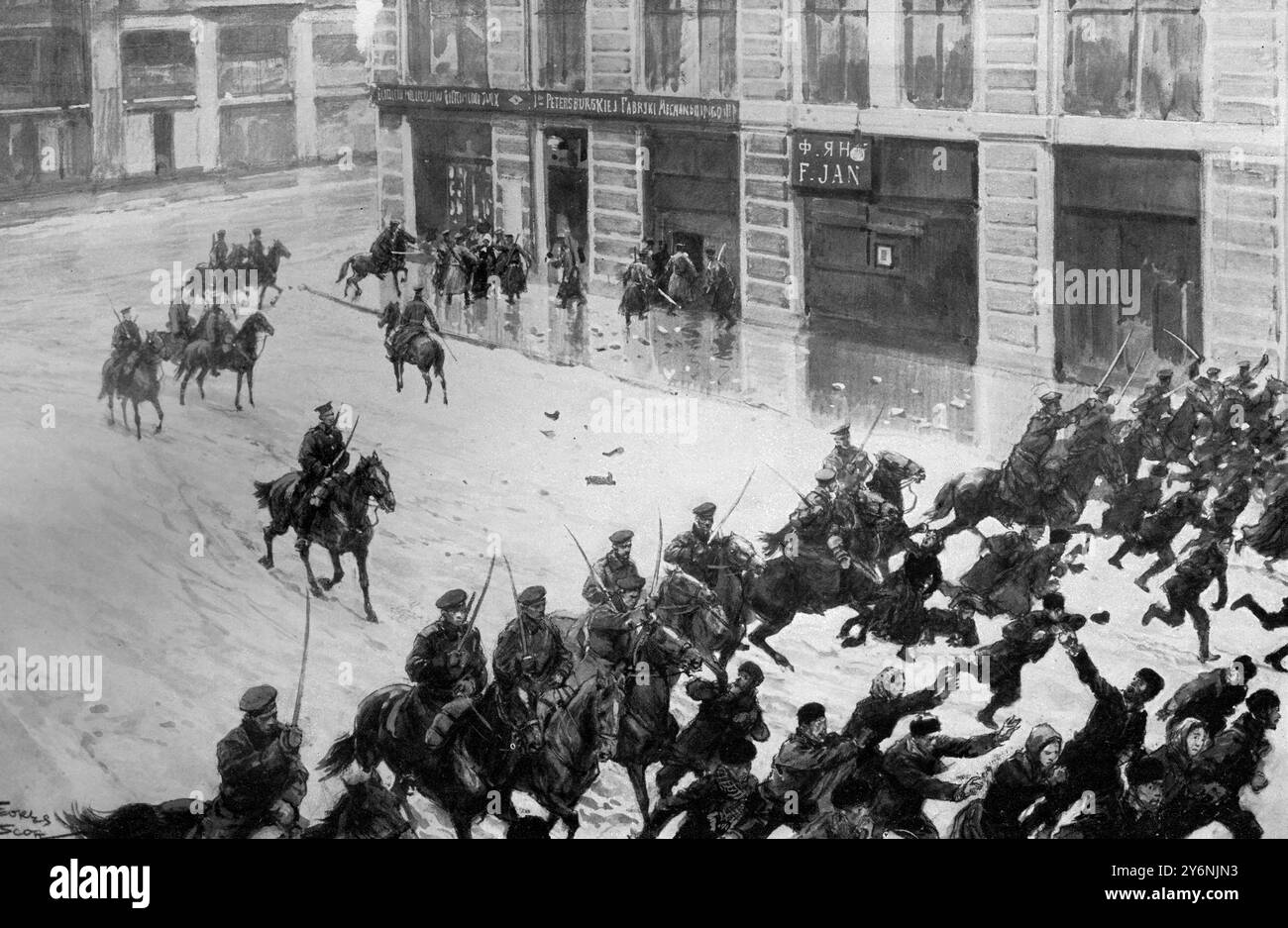 Percorrendo gli scioperanti di Varsavia, gli ussari caricano la folla dopo il saccheggio di un negozio di stivali appartenente alla Societe Anonyme de San Pietroburgo 29 gennaio 1905 ©2004 Topfoto Foto Stock