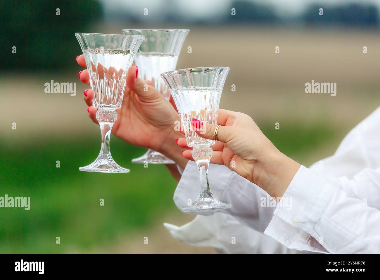 Tre grandi bicchieri di vino bianco in mani femminili da vicino. Festeggiamo un evento o un compleanno. Matrimonio, gli amici brindano con champagne. Foto Stock