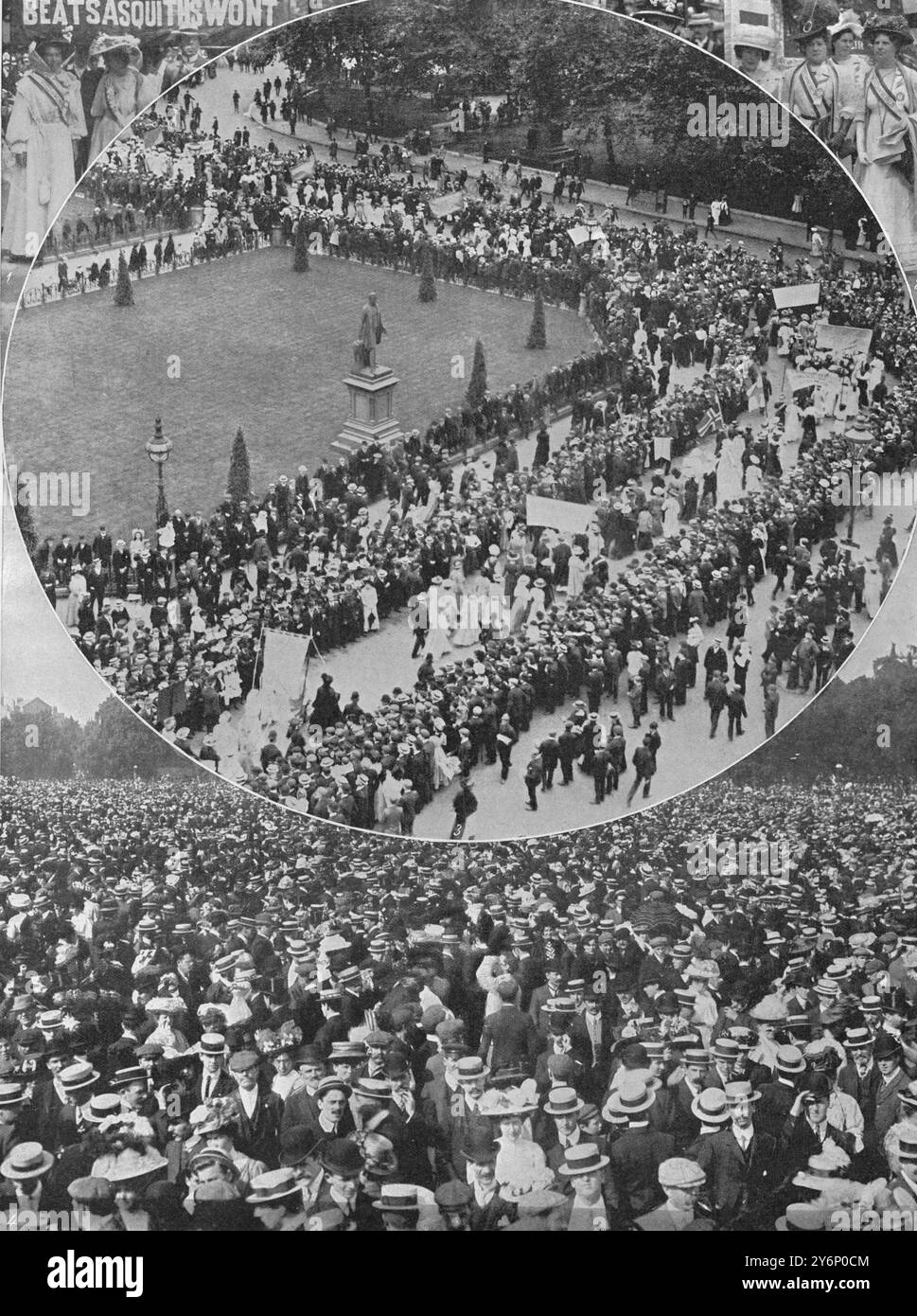 Donne più militanti che mai: Suffragiste a Hyde Park. 1) "la volontà delle donne" batte quella di Asqith: La signora Pethick Lawrence e il signor e la signora Israel Zangwill nella processione. 2) la signorina Gawthorpe, Martel e la signora Saunder alla Processione. 3) la processione principale delle suffragette femminili che lasciano Piazza del Parlamento per Hyde Park. 4) la folla di trecento persone a Hyde Park. 21 giugno 1908 Foto Stock