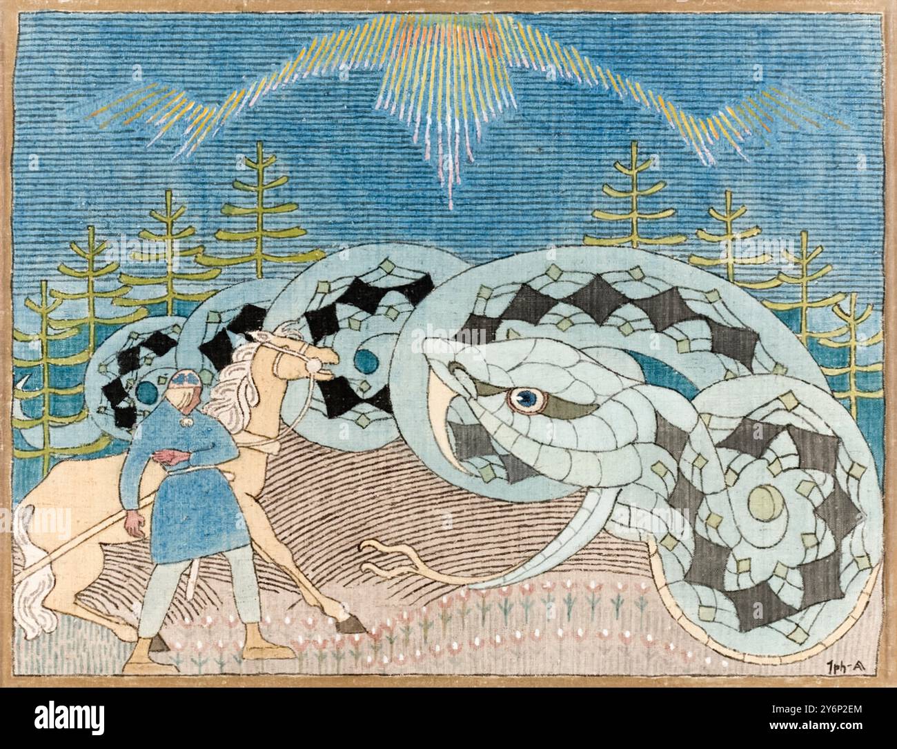 Seppo Ilmarinen aratura del campo dei serpenti dell'artista finlandese Joseph Alanen (1885-1920) che mostra il fabbro che affronta un serpente gigante mentre ara il campo dei serpenti. Foto Stock