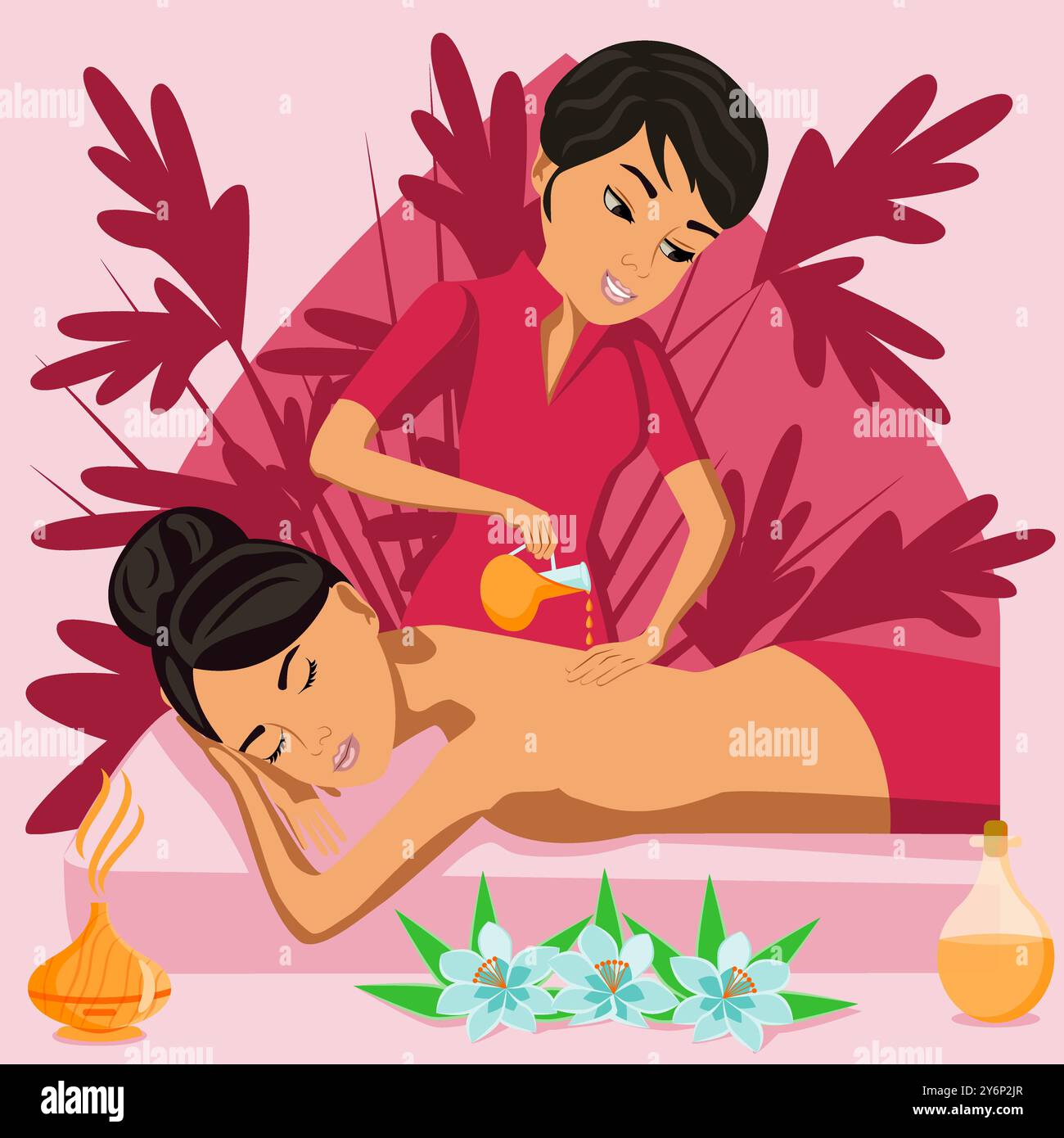 Massaggio aromaterapico. Terapia e trattamento da parte di terapisti professionisti nella SPA. Illustrazione del vettore piatto isolato. Etnia orientale. Illustrazione Vettoriale