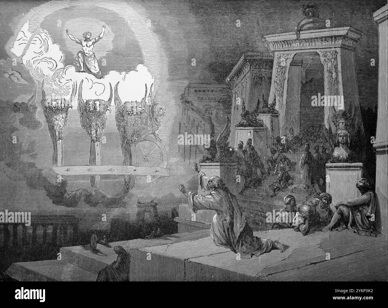 Illustrazione della visione di Dio di Ezechiele sopra il suo carro, composta da quattro creature alate (Cherubim) con ruote che possono muoversi in qualsiasi direzione (Ezek Foto Stock