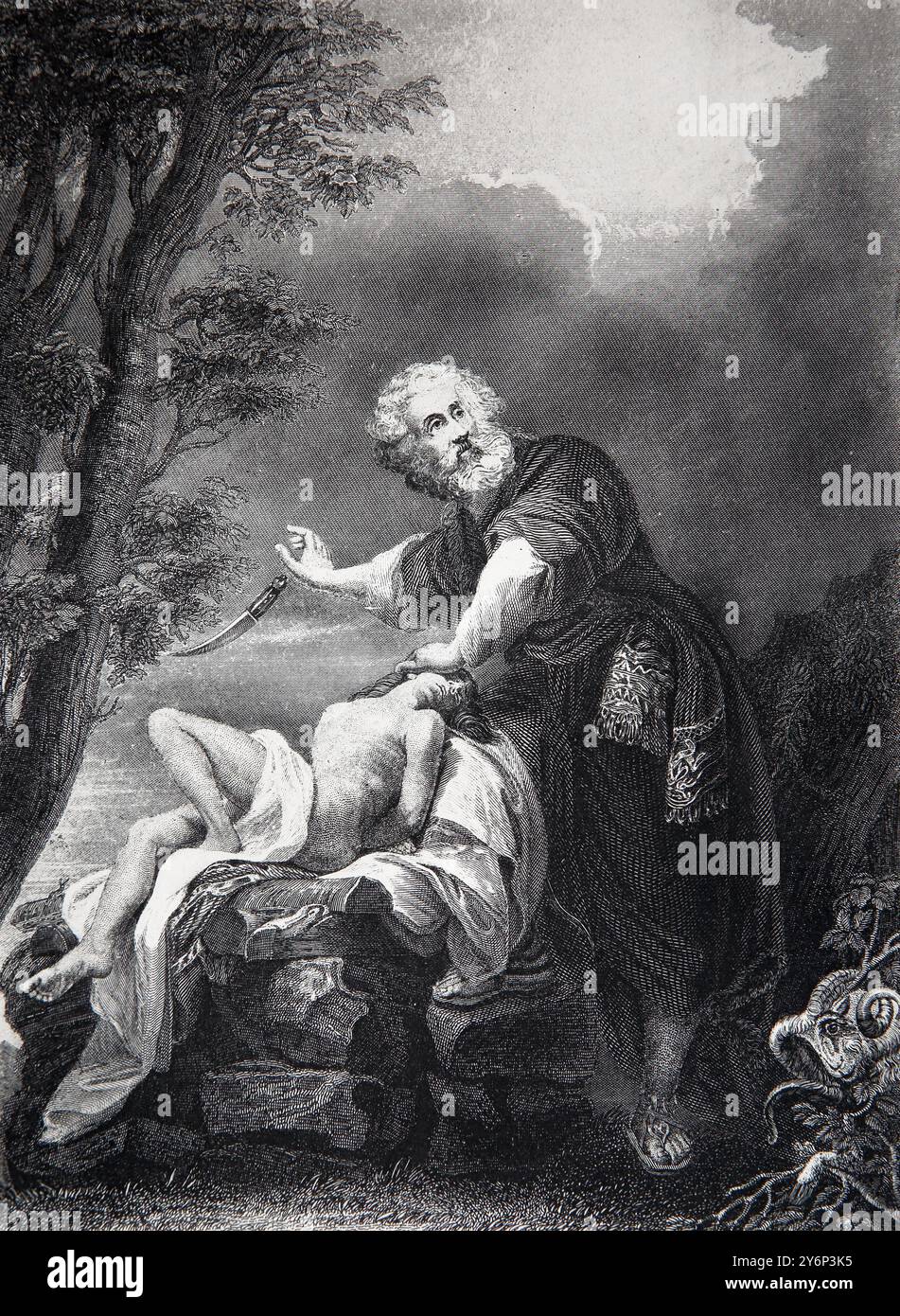 Illustrazione del processo della fede di Abramo - Abramo che offre Isacco dall'antica Bibbia completa della famiglia del XIX secolo (John Harr Foto Stock