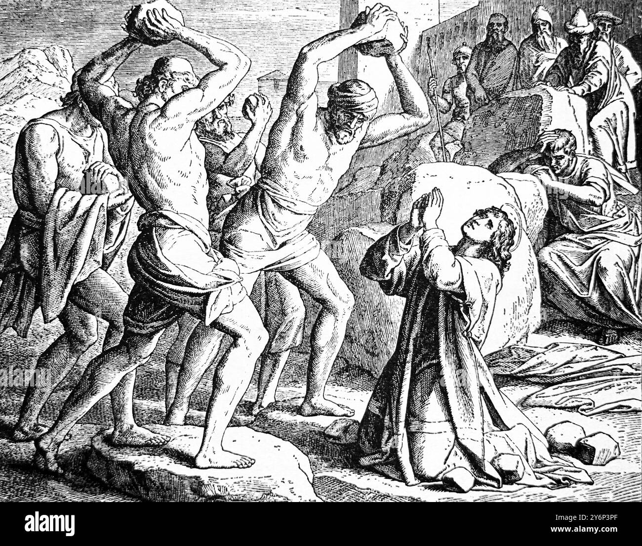 La lapidazione di Stefano (il primo martire) dall'Antique Edition 1909 del Children's Book of the New Testament Story di Mrs C.D. Francis Foto Stock