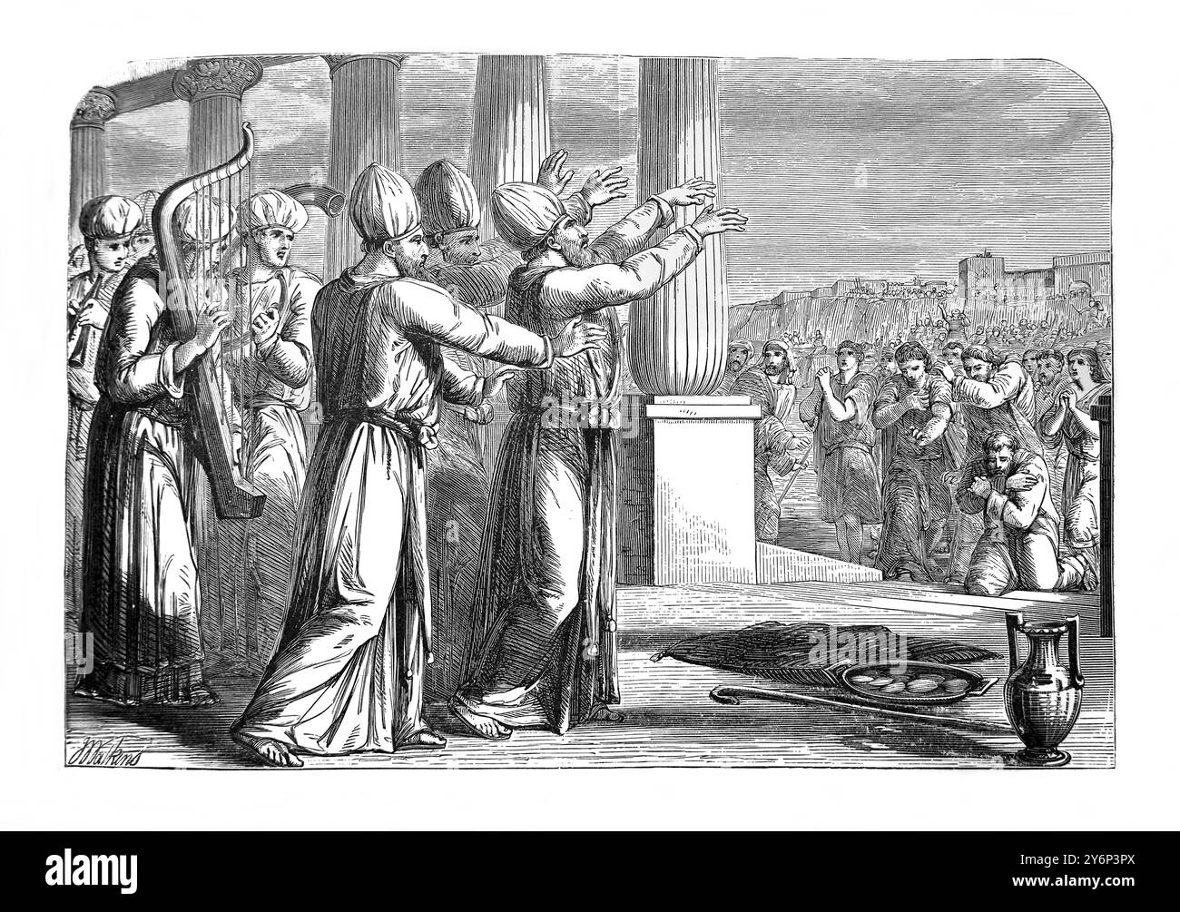 Incisione dei sacerdoti Benedizione del popolo dopo la Restaurazione del Tempio (Esdra) dall'Antico XIX secolo la Bibbia nazionale completa della famiglia (John Harrop Manchester) Foto Stock