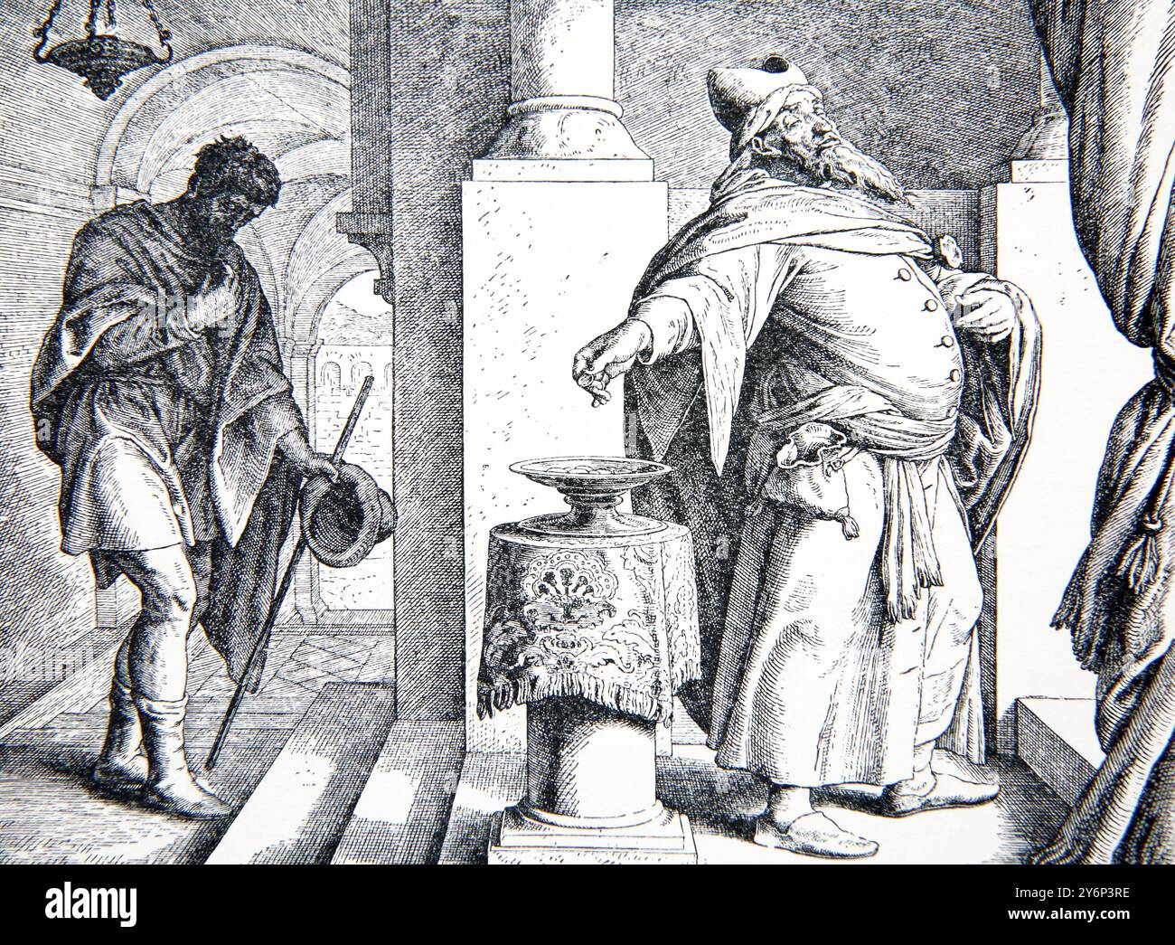 Fariseo e il Publicano - il fariseo pregò quanto fosse buono, ma il Publicano pregò Dio per la Misericordia dall'Antica edizione 1909 del Childre Foto Stock