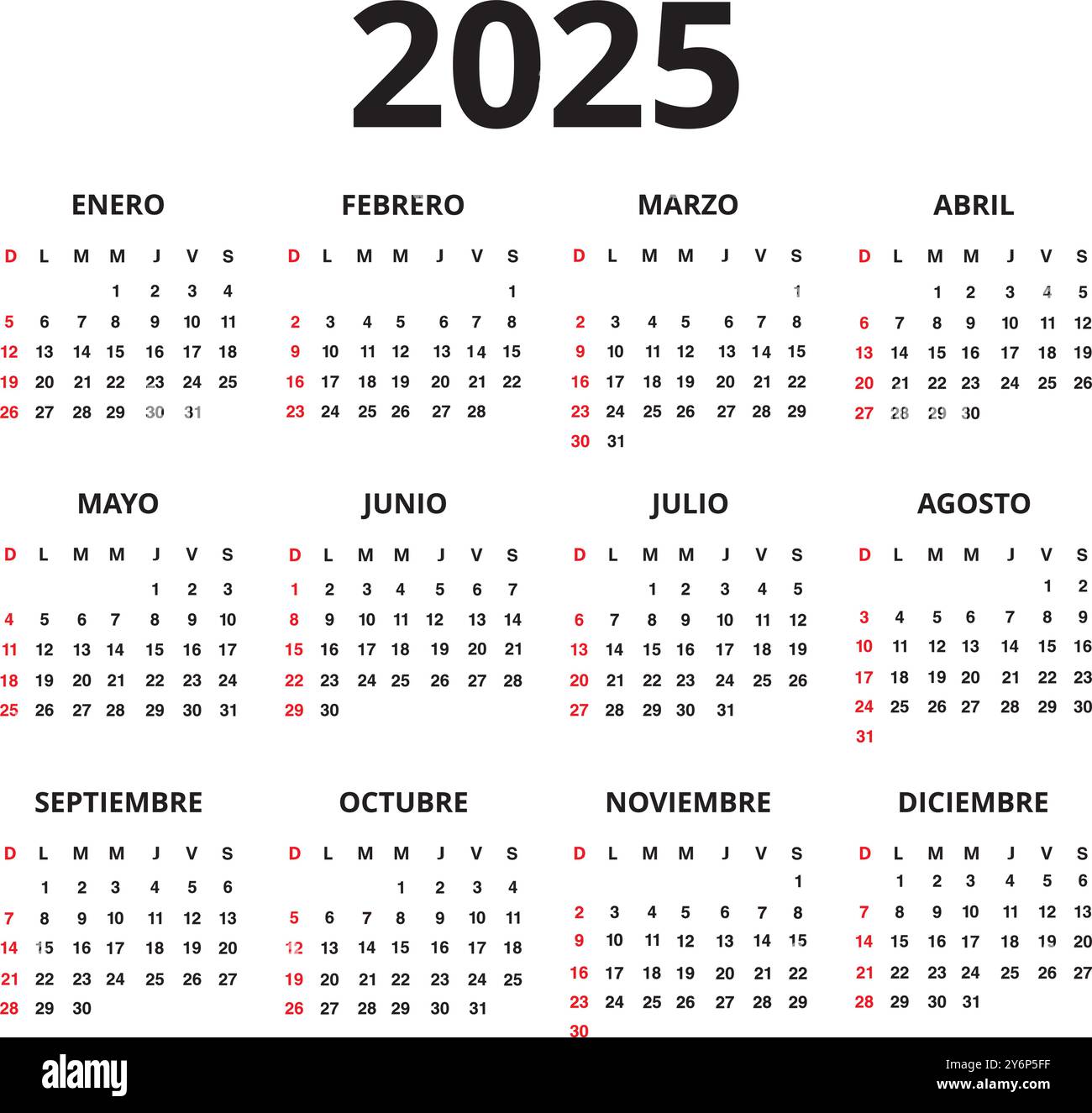 Un foglio 2025 calendario in lingua spagnola isolato su sfondo bianco Illustrazione Vettoriale