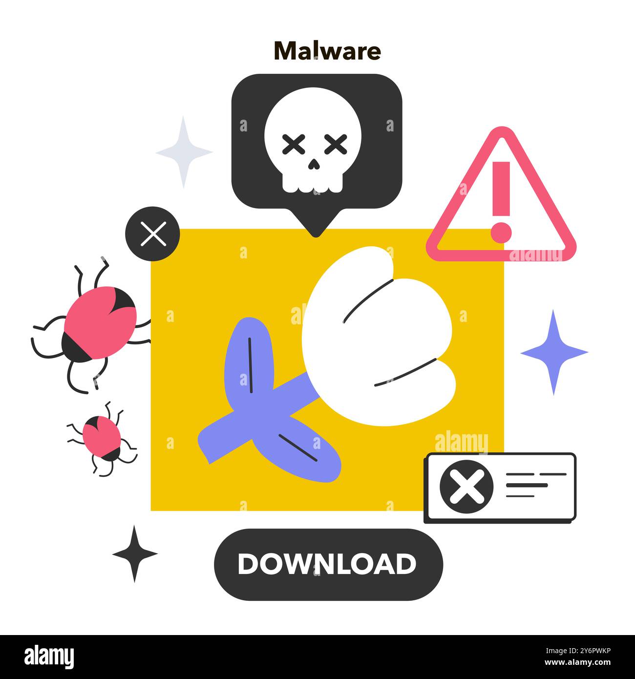 Malware. Virus, software di hacking, frode tramite e-mail, spam tramite e-mail, truffa tramite phishing. Software dannoso progettato per danneggiare un dispositivo, un servizio o una rete programmabili. Strumento Cyber Attack. Illustrazione vettoriale piatta Illustrazione Vettoriale