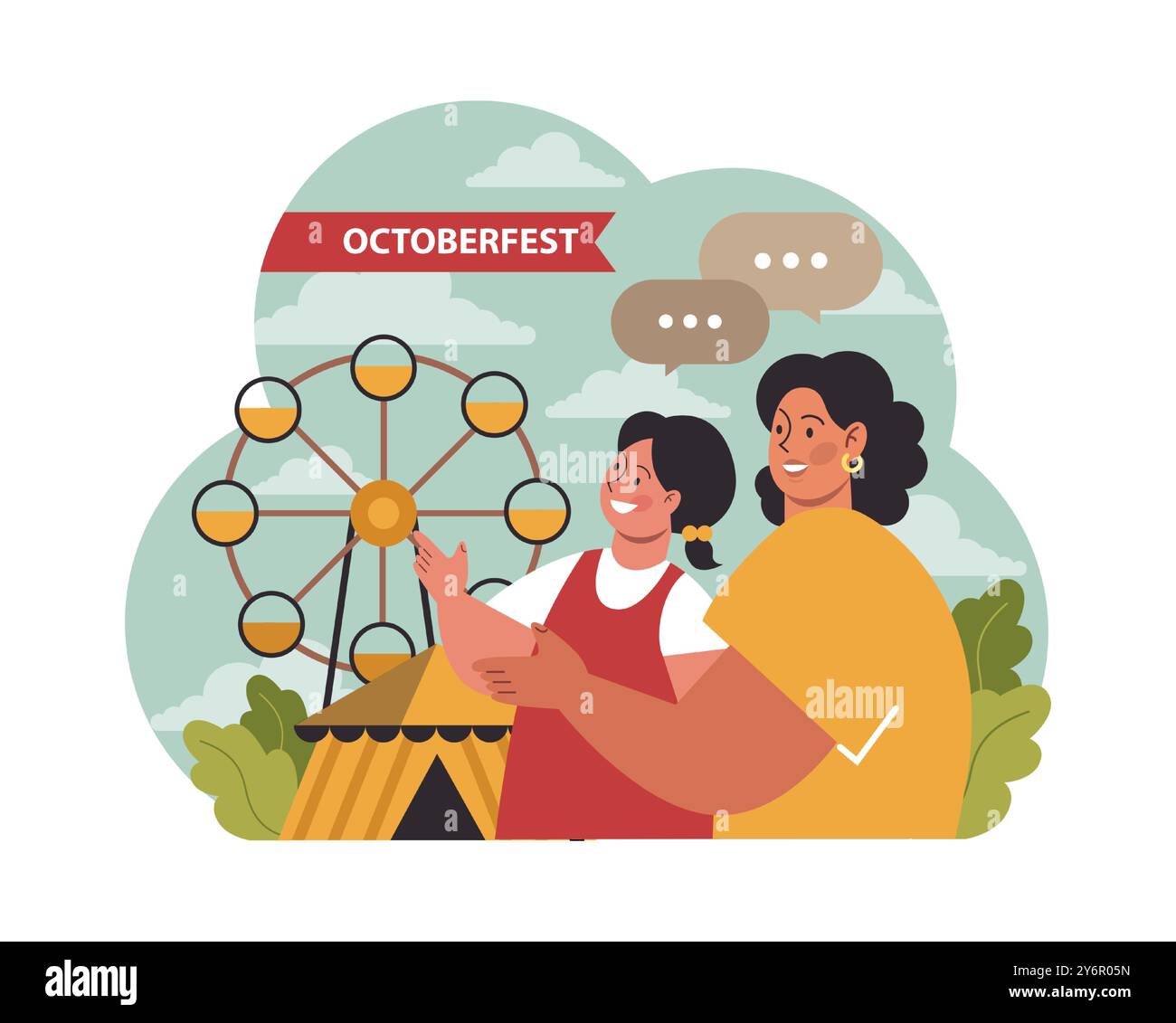 Festival dell'Oktoberfest. Allegri bavaresi o turisti. Vacanza in famiglia per una festa o una fiera. Mamma e figlia al parco divertimenti. Tradizionale carnevale annuale in Germania. Illustrazione vettoriale piatta Illustrazione Vettoriale