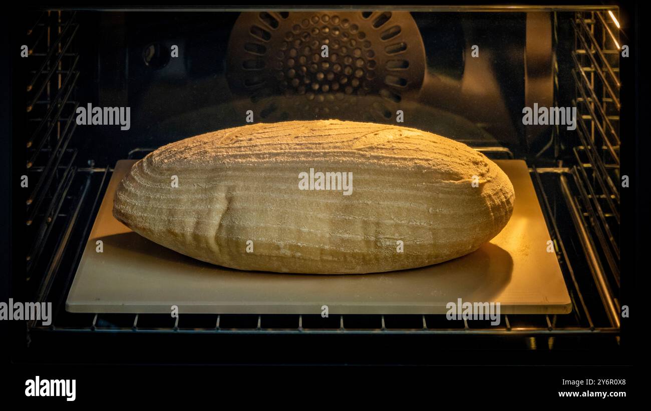 Impasto di pane ovale su una pietra da forno visto attraverso lo sportello del forno mentre cuoce. Timelapse 5 di una sequenza di 5. Foto Stock