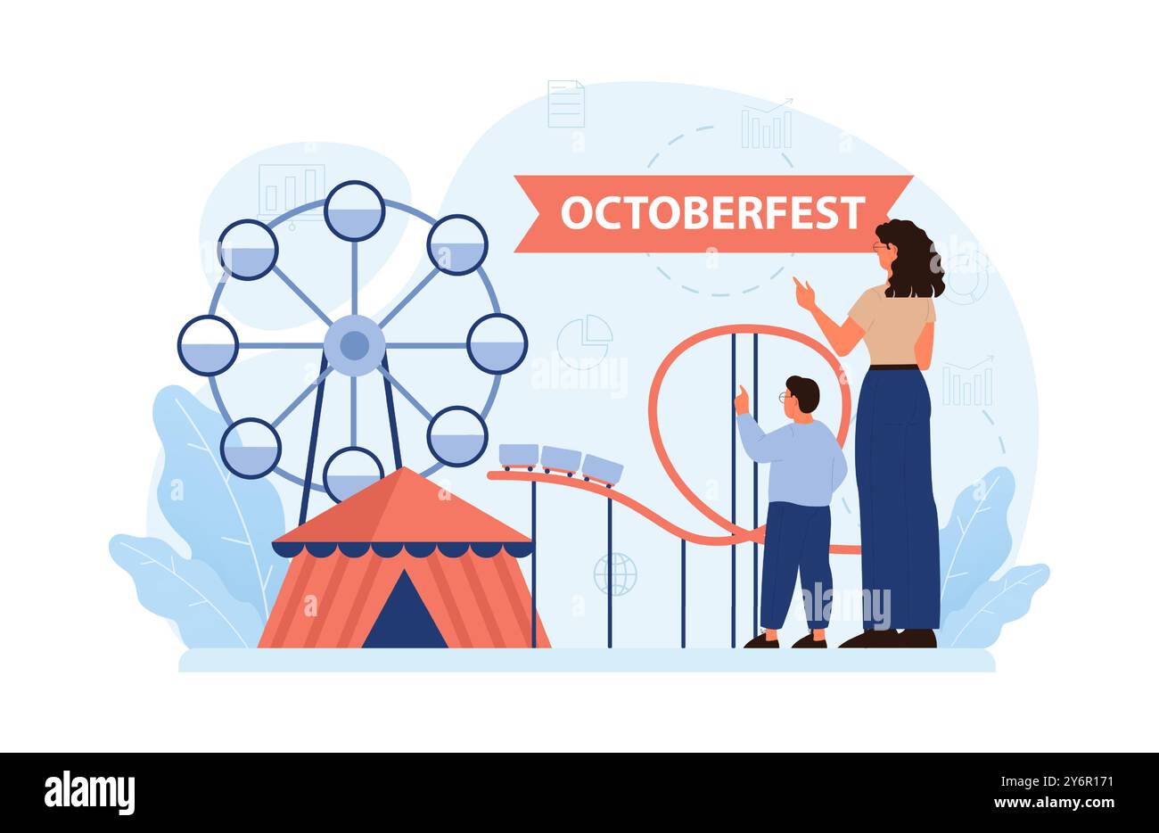 Festival dell'Oktoberfest. Allegri bavaresi o turisti. Vacanza in famiglia per una festa o una fiera. Mamma e figlio al parco divertimenti. Tradizionale carnevale annuale in Germania. Illustrazione vettoriale piatta Illustrazione Vettoriale