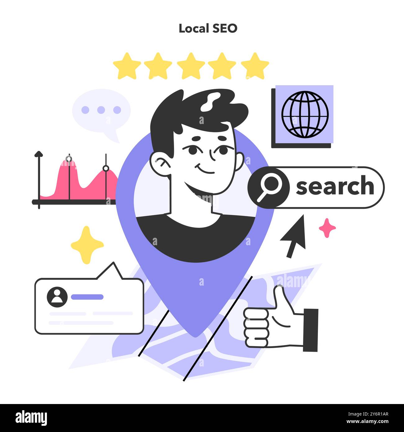 Ottimizzazione SEO locale. Strategia di ricerca locale che aiuta le piccole imprese a essere più visibili nei risultati di ricerca locali. Promozione browser. Illustrazione vettoriale piatta Illustrazione Vettoriale