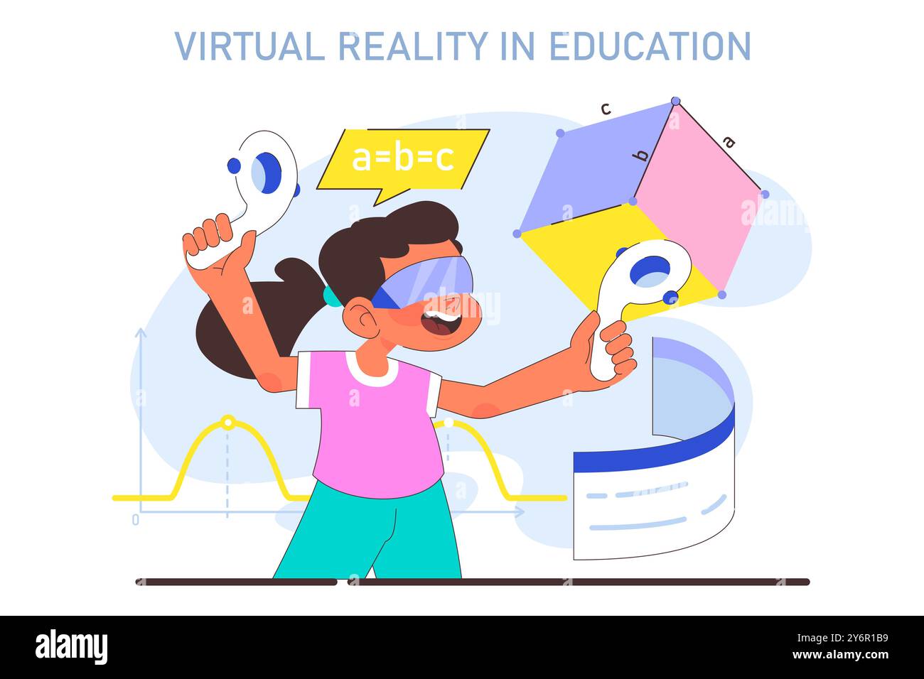 VR nell'educazione dei bambini. Una bambina di scuola che acquisisce conoscenza con l'aiuto dell'intelligenza artificiale. I bambini imparano la programmazione e l'ingegneria nel meta universo. Illustrazione del vettore piatto Illustrazione Vettoriale