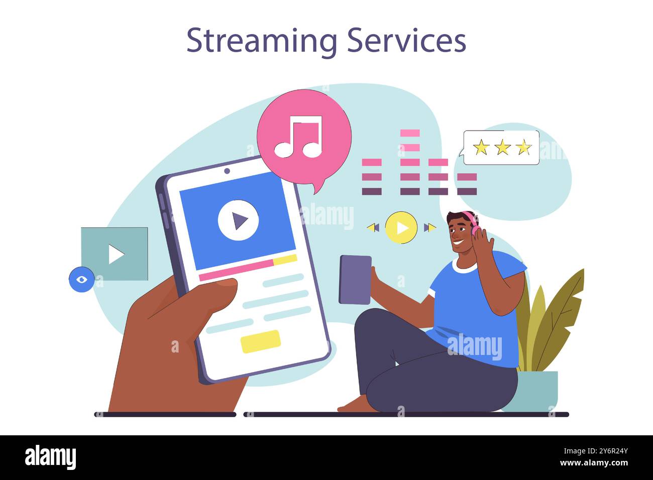 Servizio di musica in streaming. Uomo in cuffia che ascolta musica con il servizio di trasmissione online. Applicazione basata sull'intelligenza artificiale che utilizza un sistema cloud. Illustrazione vettoriale piatta Illustrazione Vettoriale