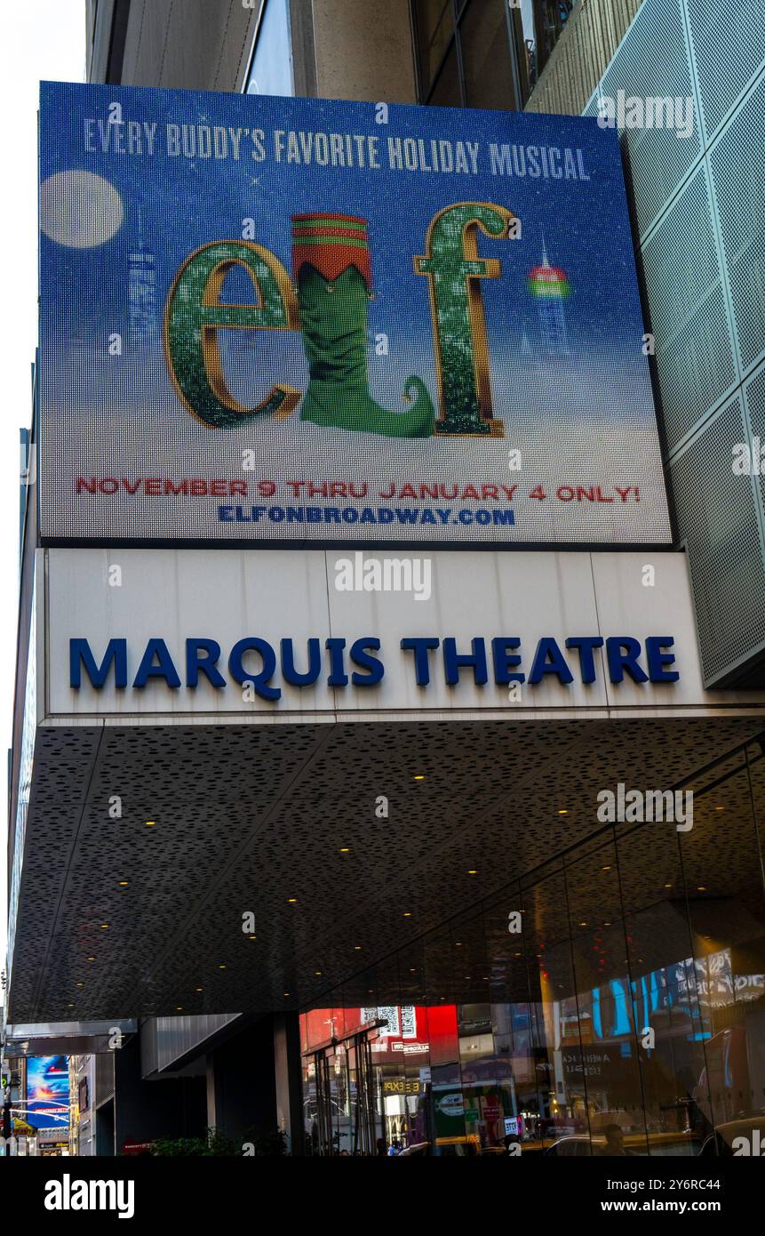 Insegna "Elf" Marquee al Marquis Theatre, Times Square, NYC, USA 2024 Foto Stock