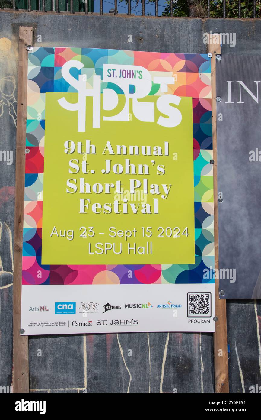 Insegna Short Play Festival nel centro di St. John's, Newfoundland & Labrador, Canada Foto Stock