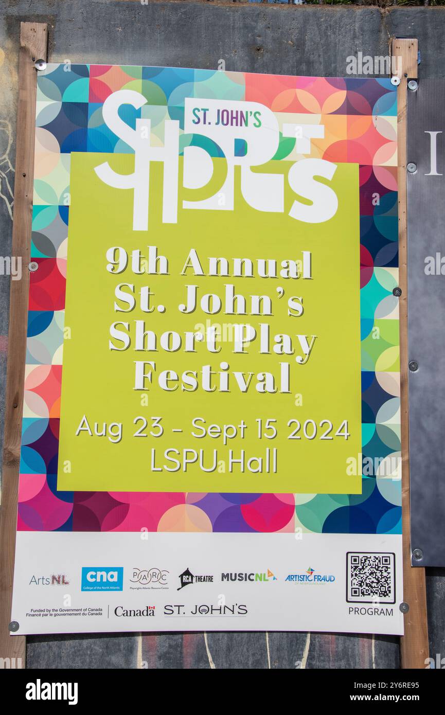 Insegna Short Play Festival nel centro di St. John's, Newfoundland & Labrador, Canada Foto Stock