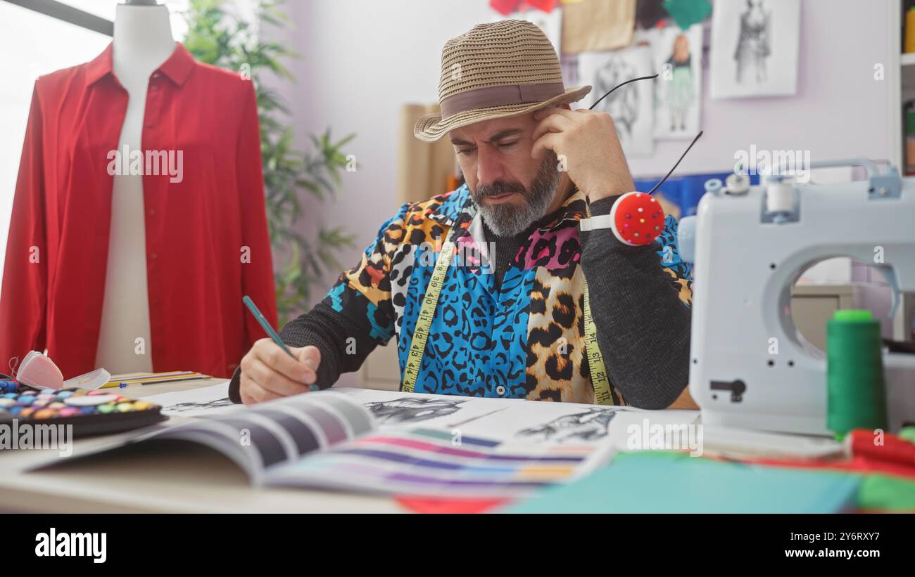 Uomo concentrato che lavora con campioni di tessuto presso un atelier di sartoria, circondato da attrezzature da cucito. Foto Stock