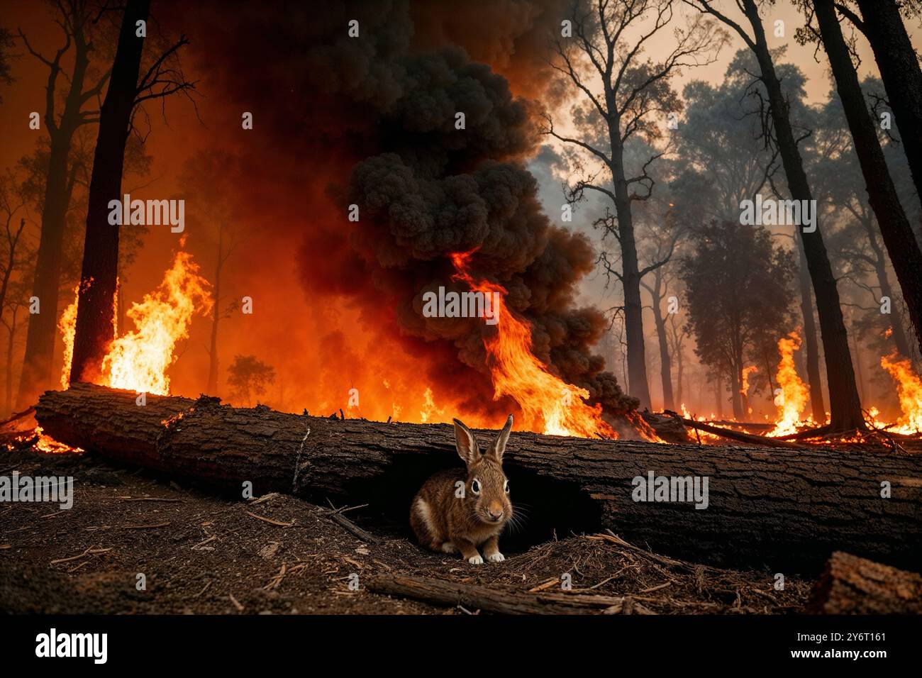 Wildfire infuria attraverso Forest e un coniglio si rifugia dalle fiamme dietro un albero caduto. INTELLIGENZA artificiale generata Foto Stock