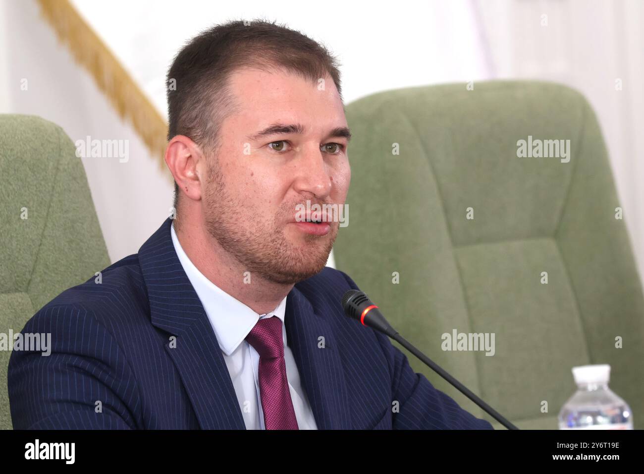 CHERNIHIV, UCRAINA - 24 SETTEMBRE 2024 - il sindaco di Chernihiv, Oleksandr Lomako, interviene durante una conferenza stampa, Chernihiv, Ucraina settentrionale Foto Stock