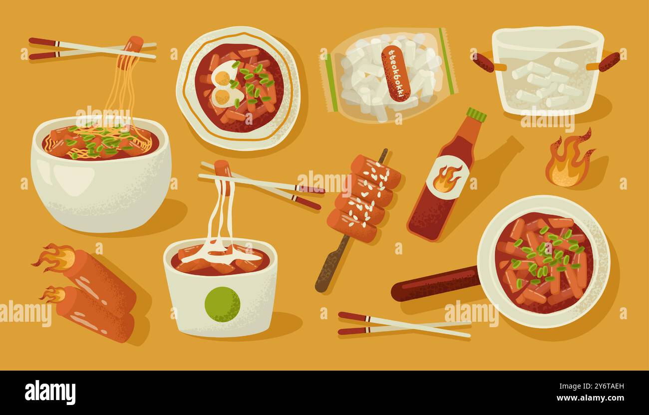 Tteokbokki. Tradizionale cibo di strada asiatico. Torte di riso fritte in padella coreana. Speziato con pasta piccante di peperoncino. Piatti Tteokbokki. Illustrazione vettoriale piatta Illustrazione Vettoriale