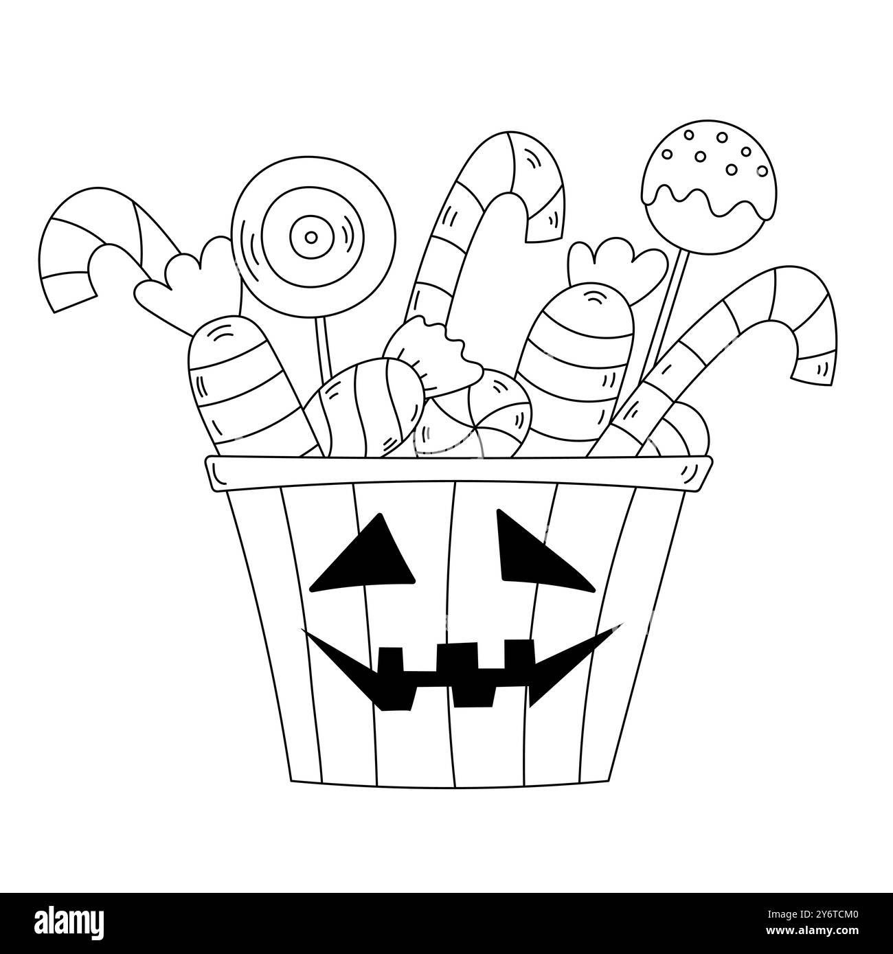 Pagina colorata Cartoon illustrazione di Halloween mostra le caramelle in Un cestino, Illustrazione Vettoriale