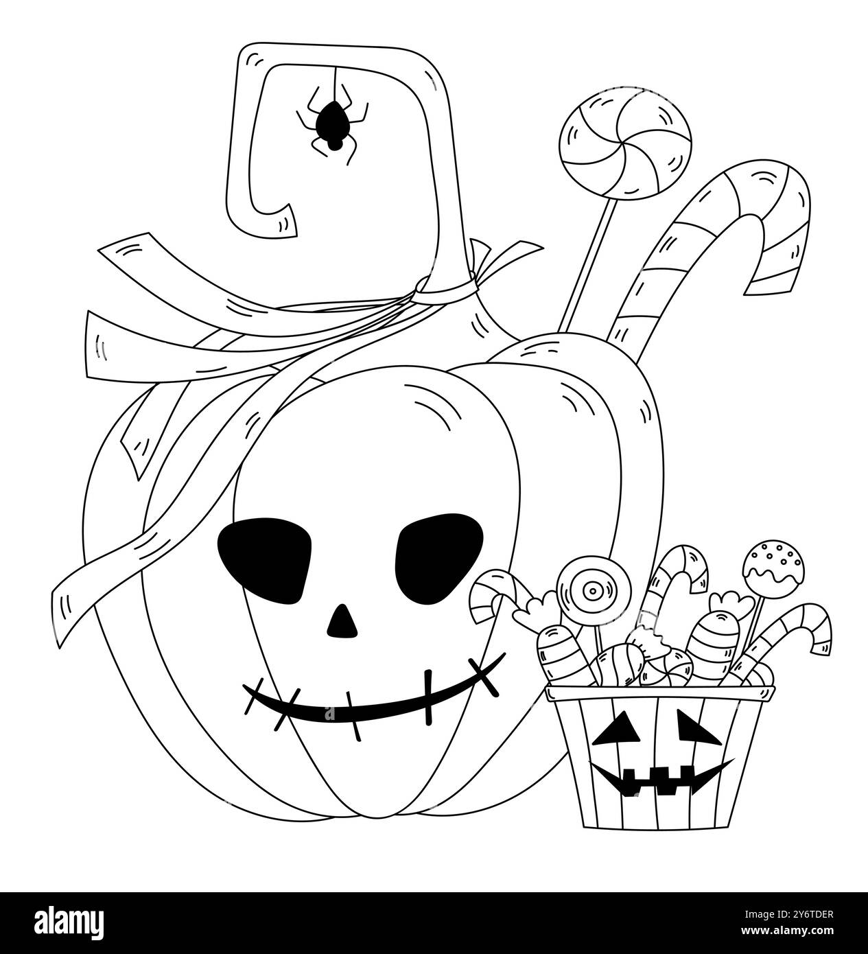 Colorare le pagine di Una zucca cartoni animati di Halloween con candele Illustrazione Vettoriale