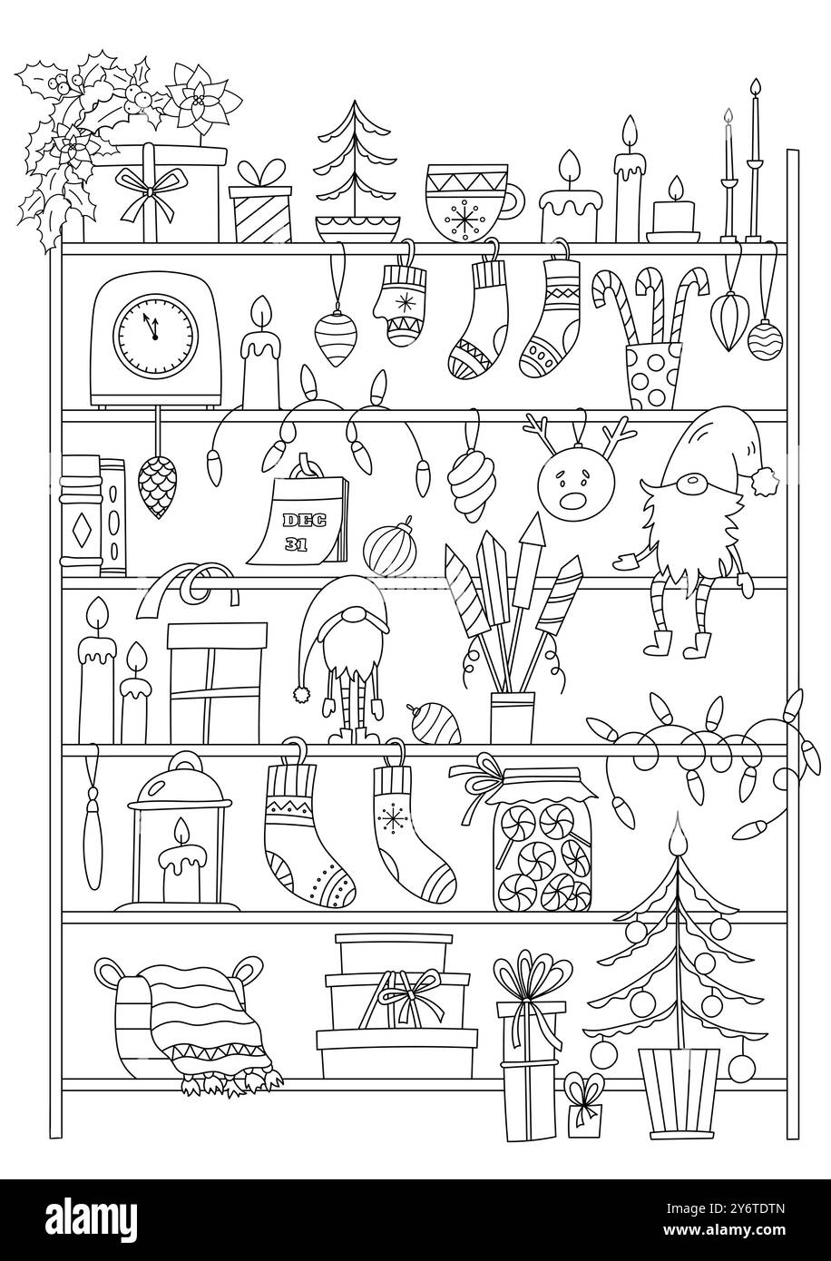 Pagine da colorare di scaffali natalizi pieni di regali e decorazioni natalizie Illustrazione Vettoriale