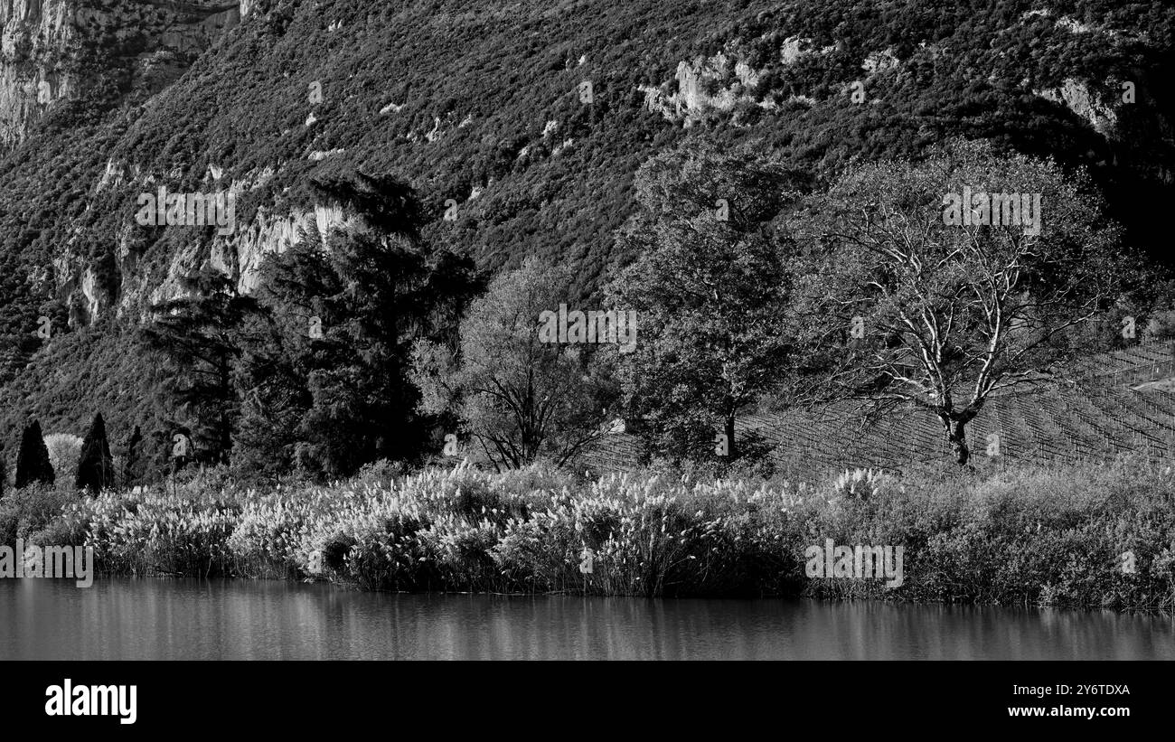 Il castello e il lago Toblino. Paesaggio autunnale. Provincia di Trento. Trentino alto Adige, Italia Foto Stock