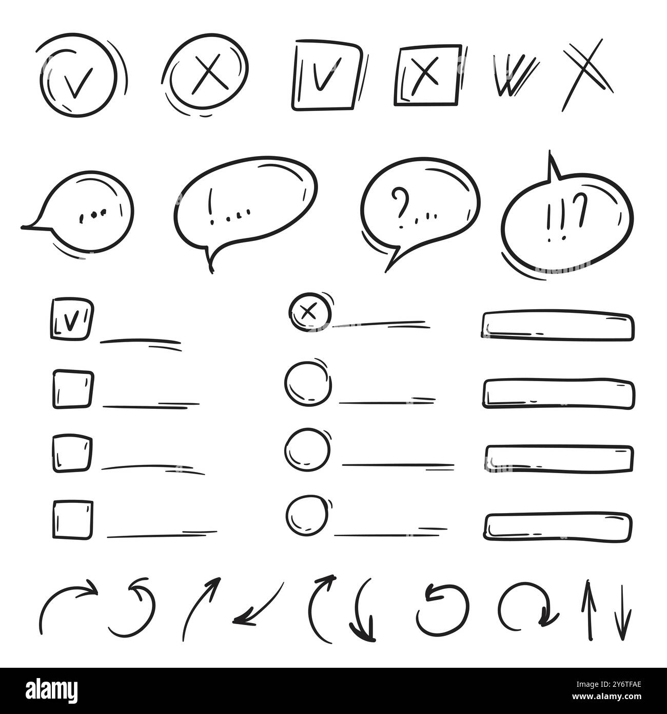 Set di elementi disegnati a mano, finestre di dialogo, bolle di riconoscimento vocale, frecce, caselle di controllo, caselle di testo. Segni e simboli per la progettazione Illustrazione Vettoriale