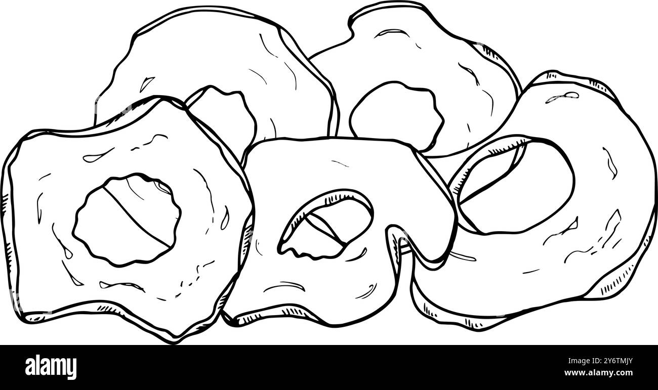 Sane fette di mela vegan realistico schizzo grafico illustrazione clip art. Ingredienti secchi naturali biologici per spuntini di frutta per la cucina Illustrazione Vettoriale