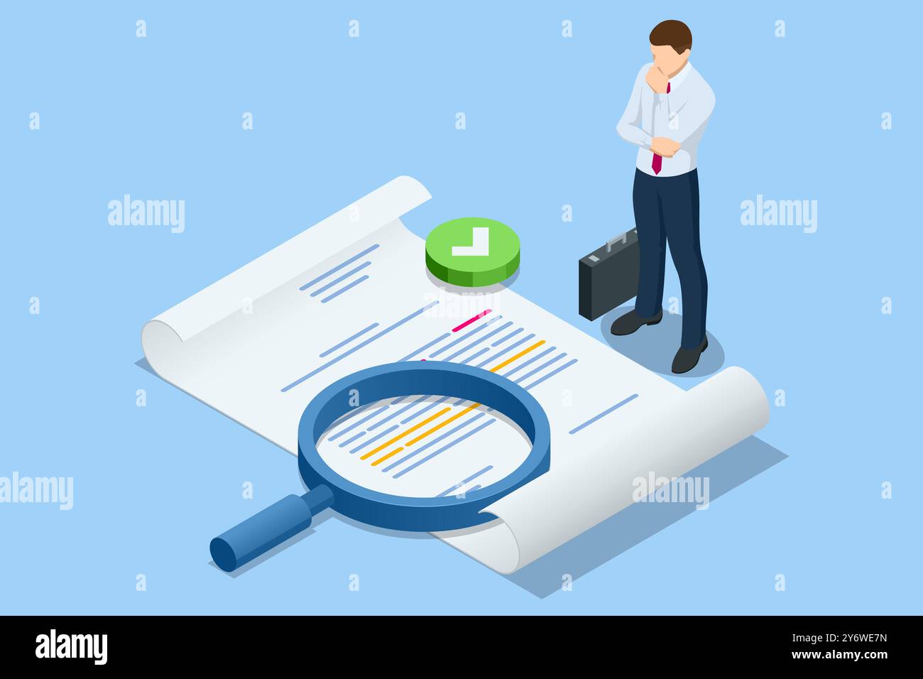 Analisi di business isometrica, analisi, ricerca. Analisi e monitoraggio, in cui un team aziendale monitora e conduce un dashboard di reporting basato sul Web Illustrazione Vettoriale