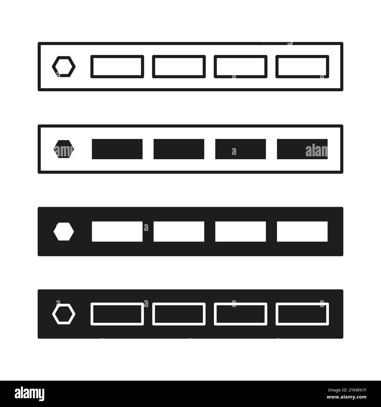 Set di pulsanti geometrici. Forme rettangolari minimaliste. Vettore bianco e nero. Semplici elementi Web. Illustrazione Vettoriale