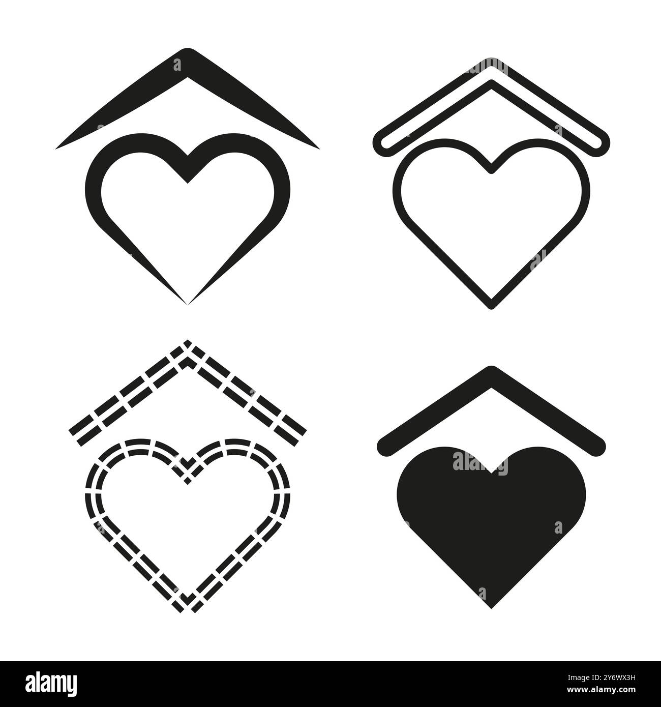 Icone cuore sotto il tetto. Quattro varianti di simboli cardiaci domestici. Concetto minimalista di amore e riparo. Set di icone vettoriali. Illustrazione Vettoriale