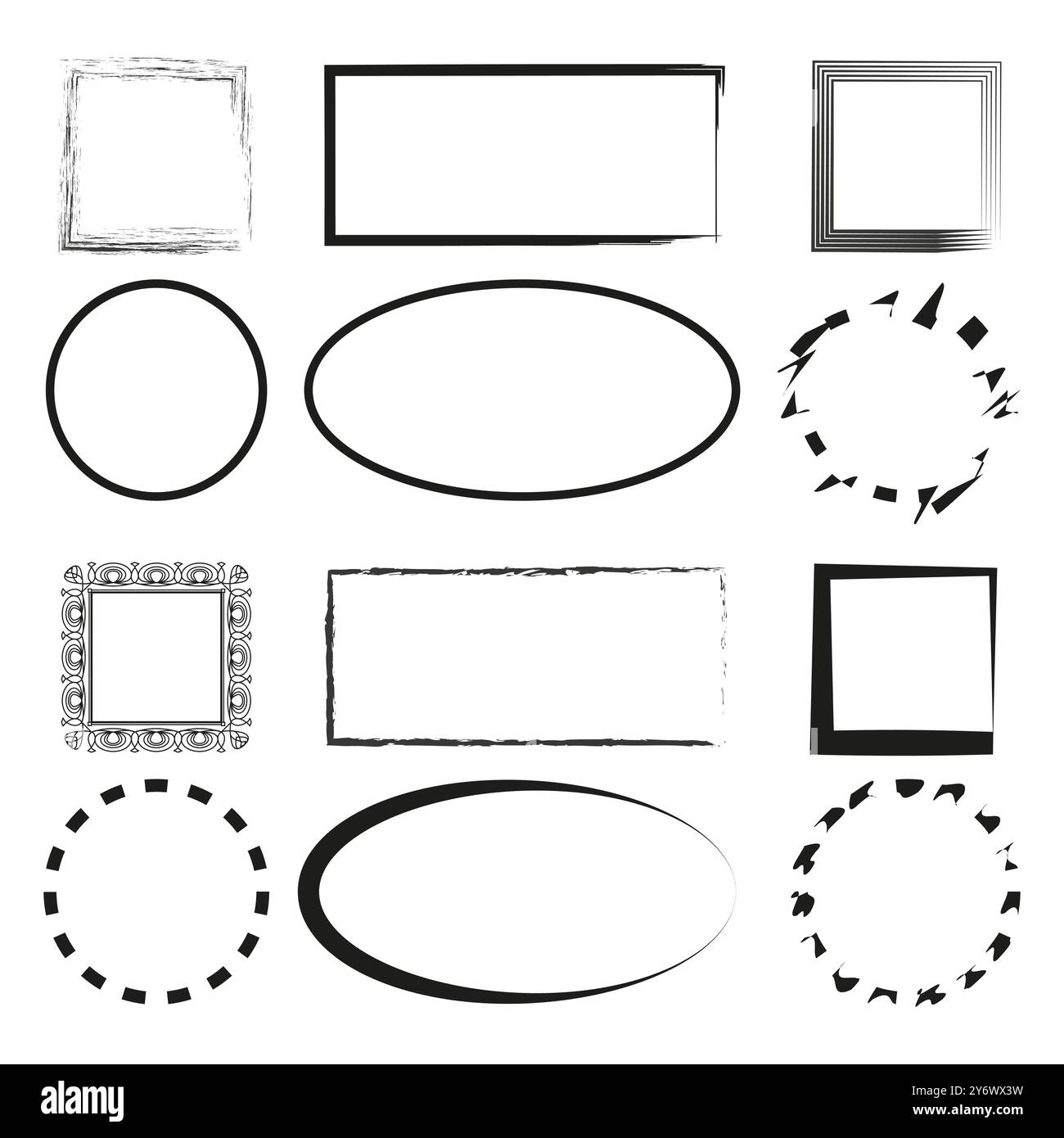 Icone decorative della cornice. Simboli di bordo astratti. Forme ovali, circolari, quadrate. Contorni geometrici vettoriali. Illustrazione Vettoriale