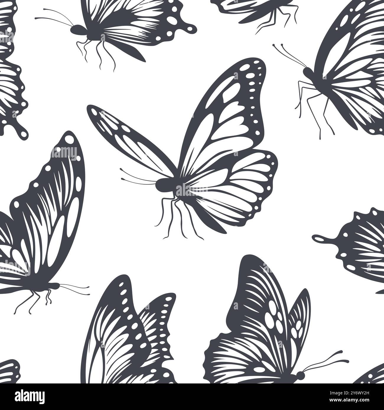 Modello a farfalla monocromatico senza cuciture vettoriale. Design a farfalla a singolo colore disegnato a mano per tessuti, carta da parati, tessuti, carta da imballaggio. Farfalla Illustrazione Vettoriale