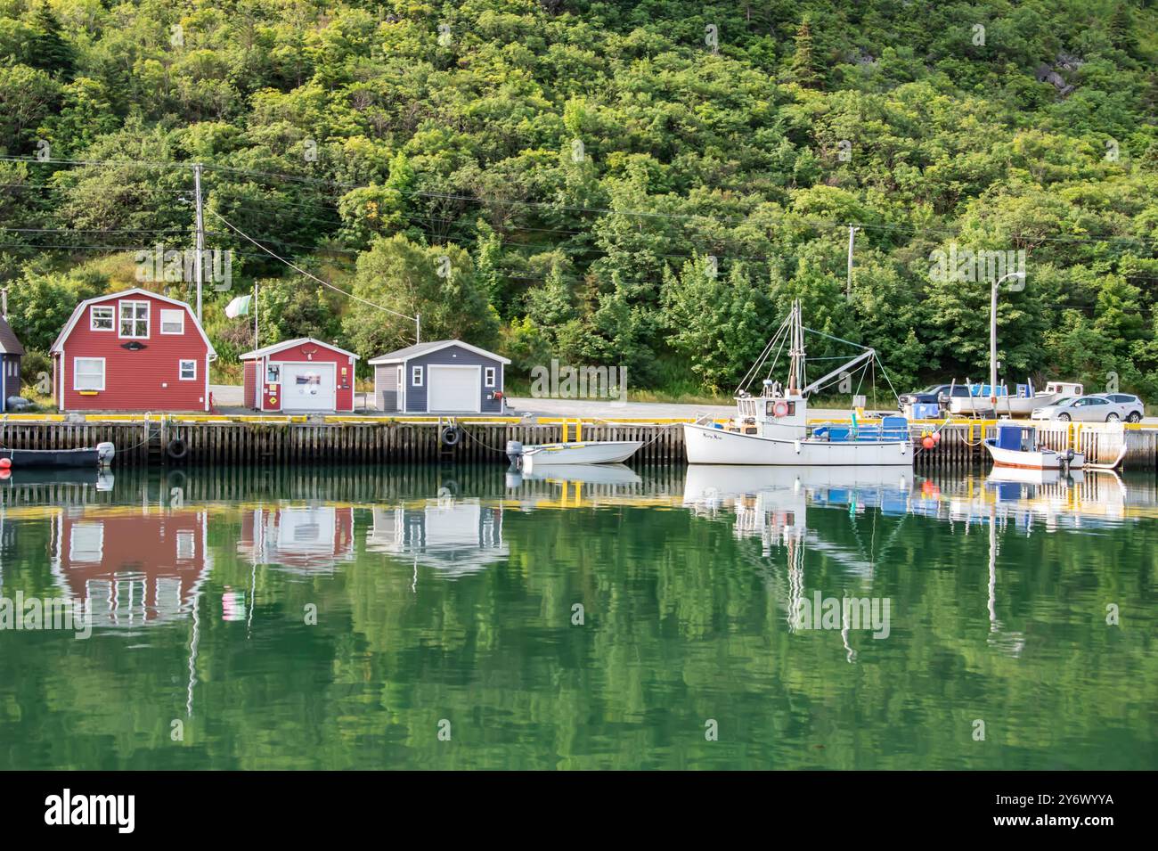 Le barche colorate si trovano sul molo di Petty Harbour–Maddox Cove, Terranova & Labrador, Canada Foto Stock