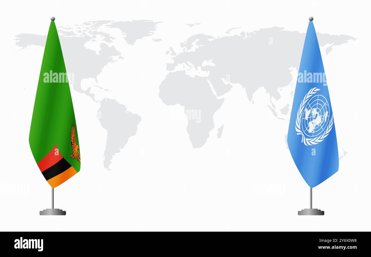 Bandiere dello Zambia e delle Nazioni Unite per l'incontro ufficiale sullo sfondo della mappa del mondo. Illustrazione Vettoriale