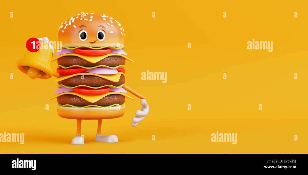 Cartoon Premium Delicious Burger personaggio personaggio Mascot con Cartoon Social Media Notification Bell e icona nuovo messaggio su sfondo giallo. Foto Stock