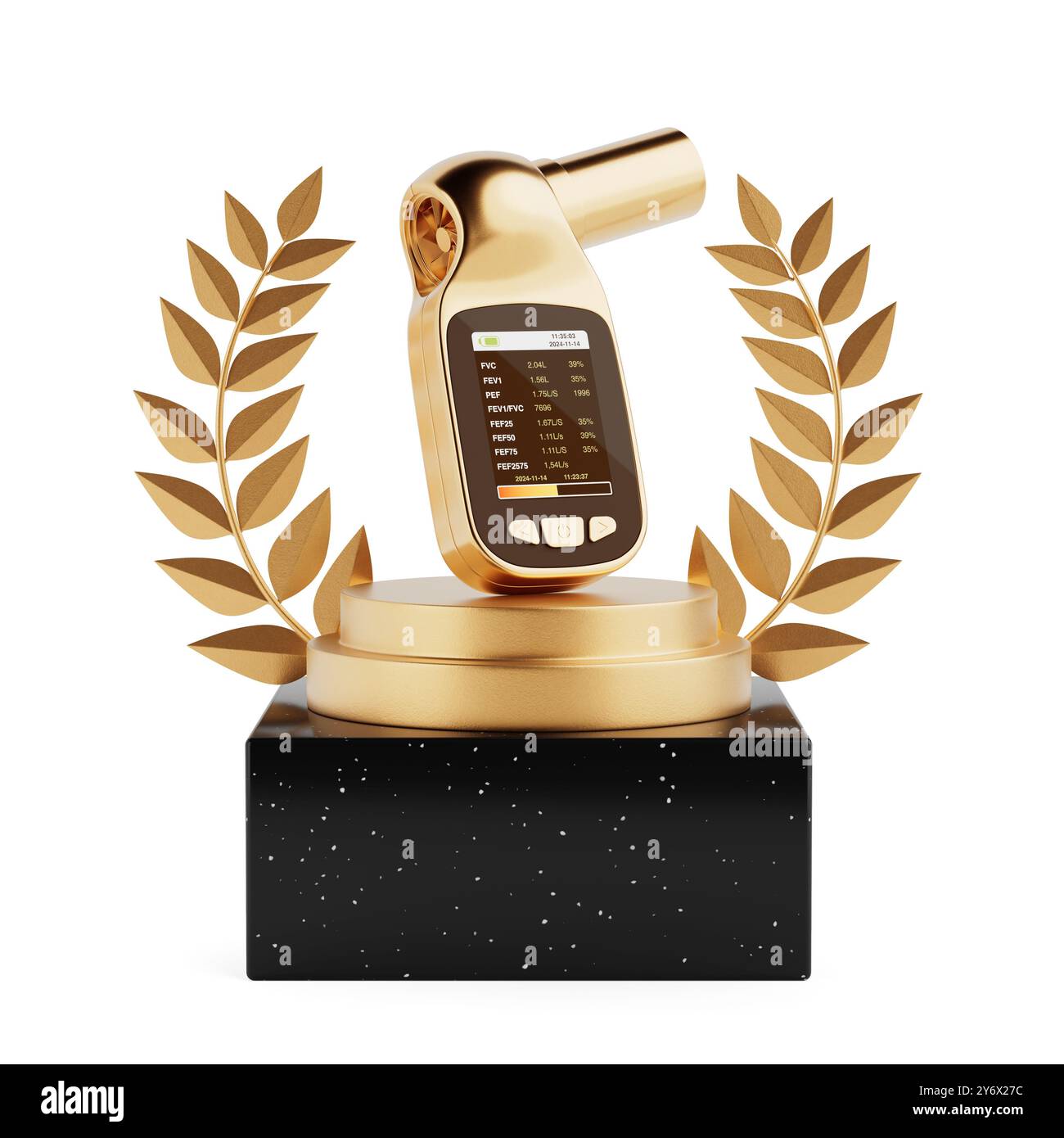 Vincitore del premio Cube Gold Laurel Wreath Podium, palco o piedistallo con spirometro polmonare medico Golden Electronic per la misurazione della funzione polmonare e del cappuccio Foto Stock